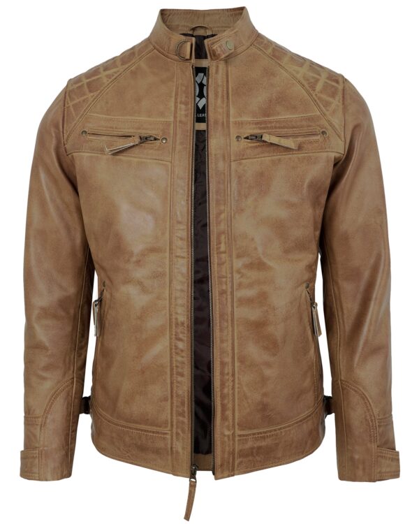 Men's Camel Leather Biker Jacket with Quilted Shoulders