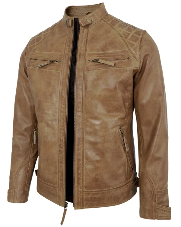 Men's Camel Leather Biker Jacket with Quilted Shoulders
