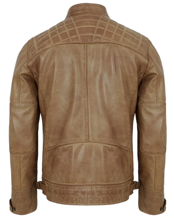 Men's Camel Leather Biker Jacket with Quilted Shoulders