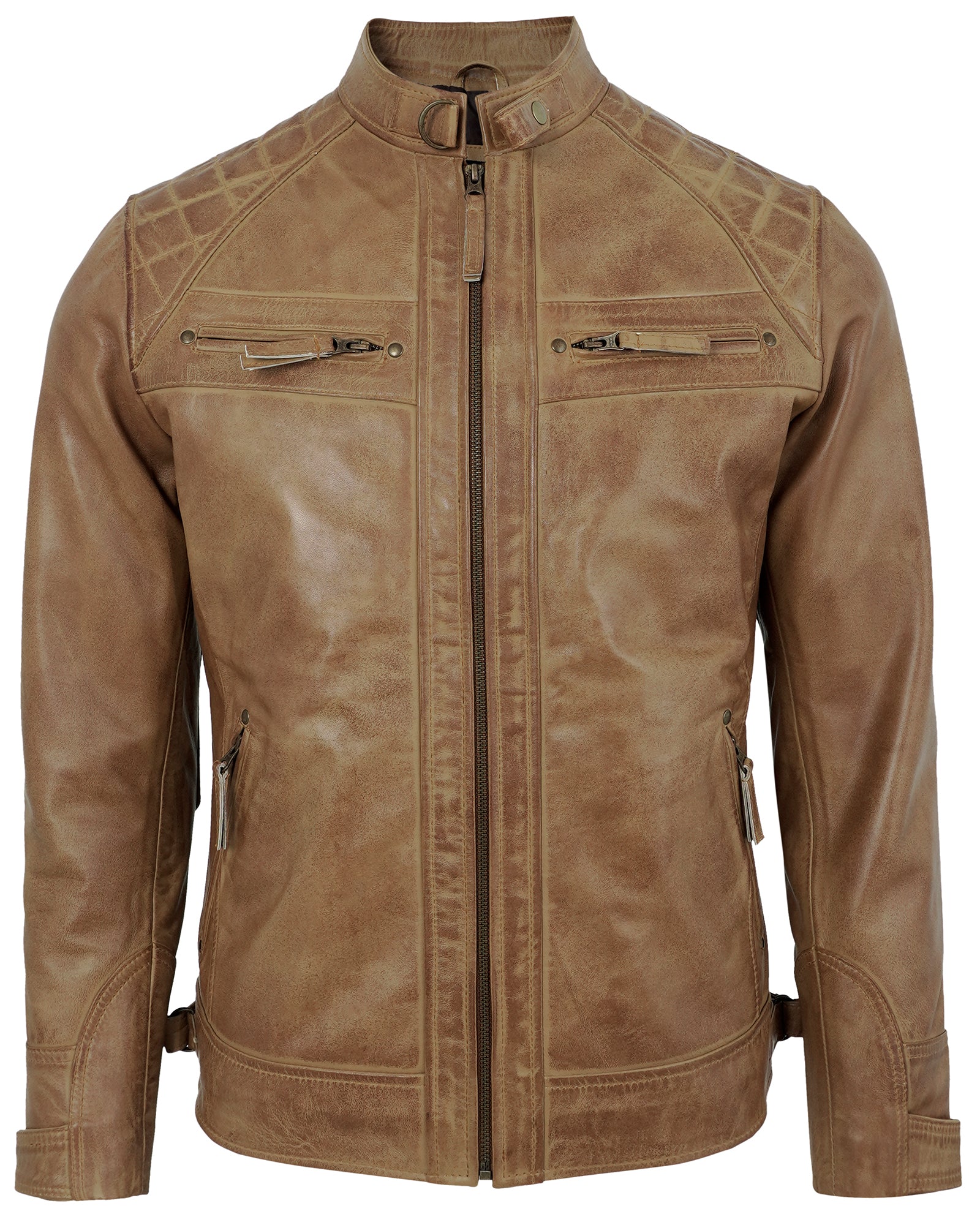 Men's Camel Leather Biker Jacket with Quilted Shoulders