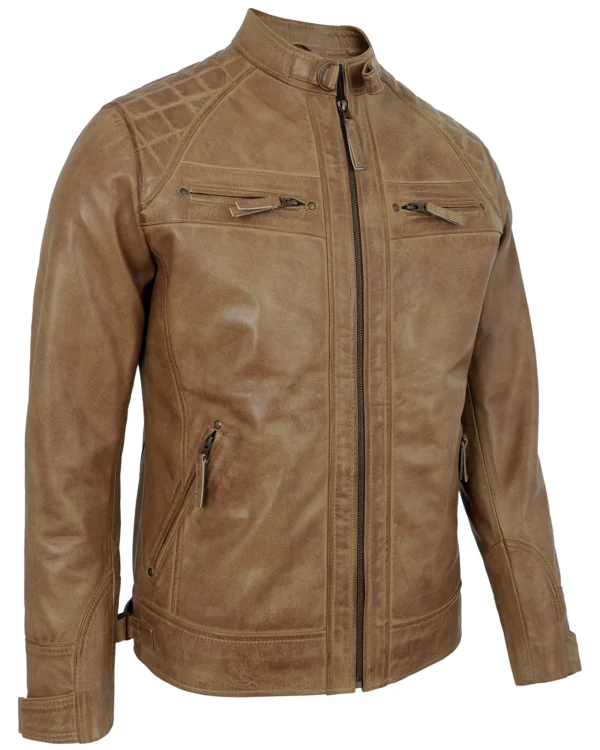 Men's Camel Leather Biker Jacket with Quilted Shoulders