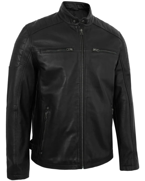 Men's Distressed Black Leather Biker Jacket with Quilted Shoulders
