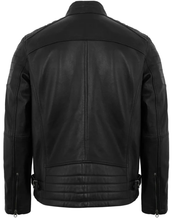 Men's Distressed Black Leather Biker Jacket with Quilted Shoulders
