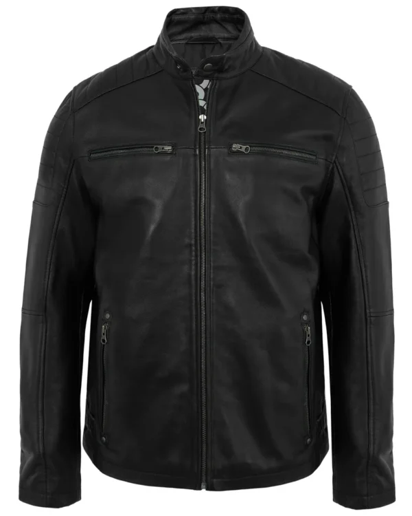 Men's Distressed Black Leather Biker Jacket with Quilted Shoulders