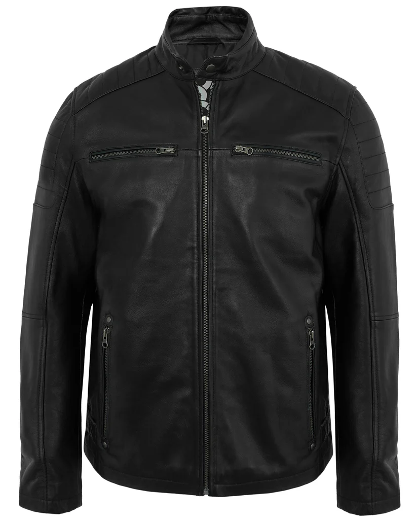 Men's Distressed Black Leather Biker Jacket with Quilted Shoulders