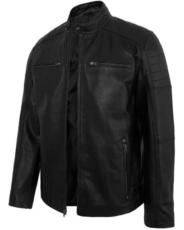 Men's Distressed Black Leather Biker Jacket with Quilted Shoulders