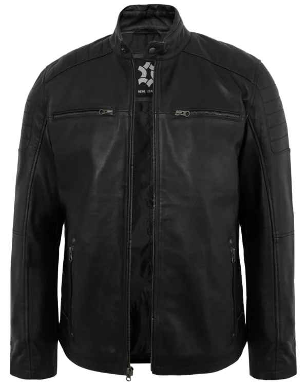 Men's Distressed Black Leather Biker Jacket with Quilted Shoulders