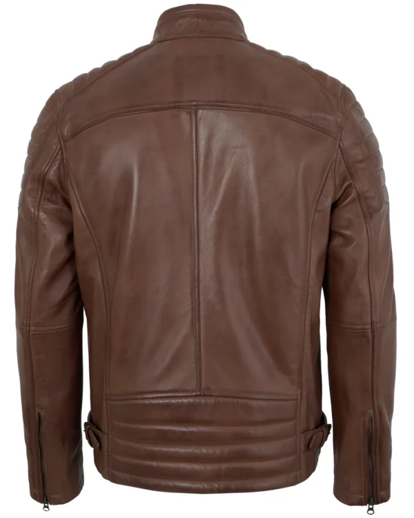Men's Distressed Brown Leather Biker Jacket with Quilted Shoulders