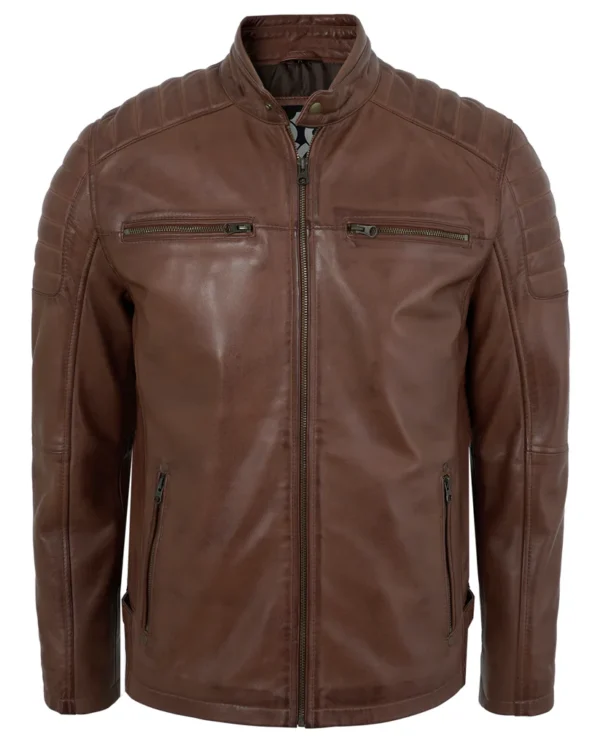 Men's Distressed Brown Leather Biker Jacket with Quilted Shoulders