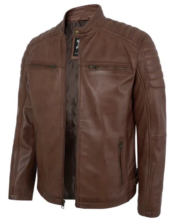 Men's Distressed Brown Leather Biker Jacket with Quilted Shoulders