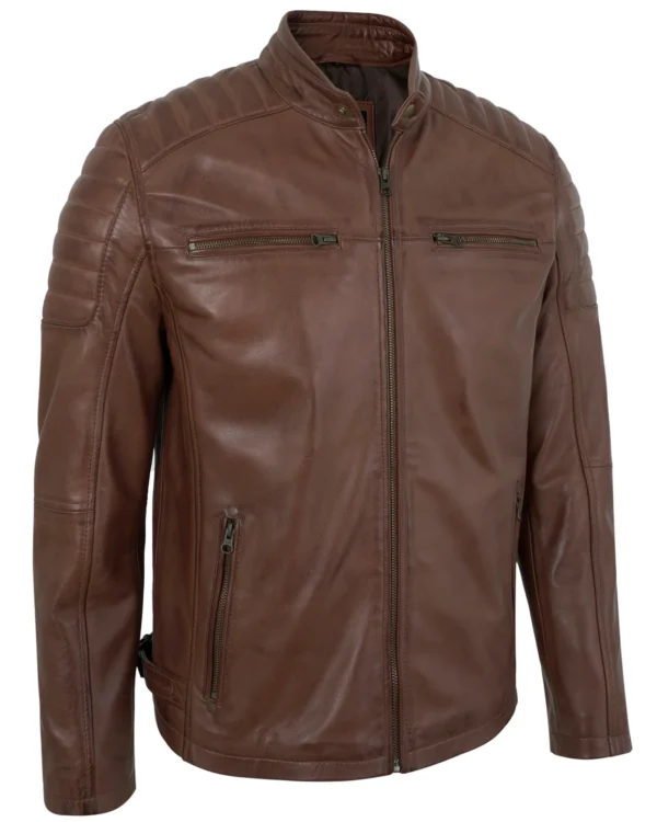 Men's Distressed Brown Leather Biker Jacket with Quilted Shoulders