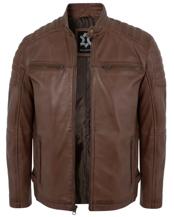 Men's Distressed Brown Leather Biker Jacket with Quilted Shoulders