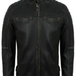 Men's Distressed Rub-Off Leather Biker Jacket with Quilted Shoulders