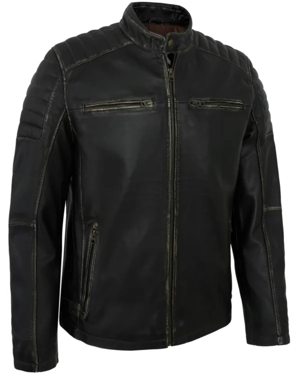 Men's Distressed Rub-Off Leather Biker Jacket with Quilted Shoulders