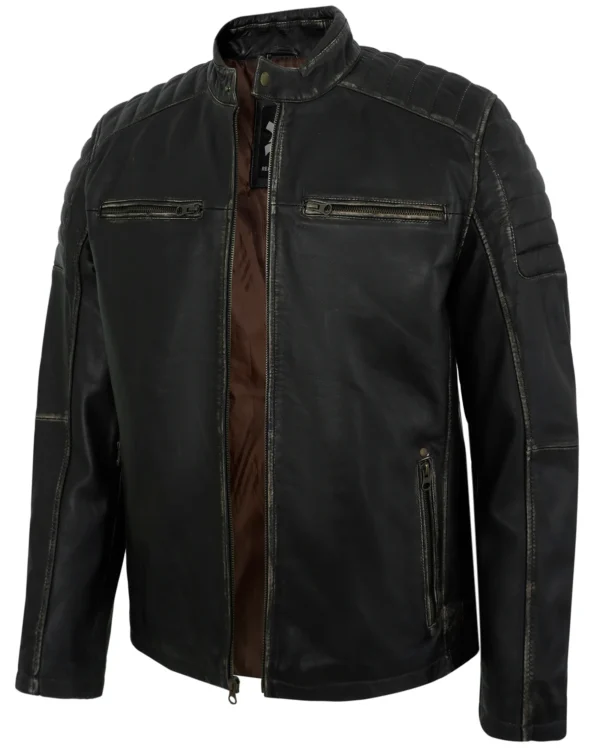Men's Distressed Rub-Off Leather Biker Jacket with Quilted Shoulders