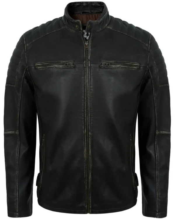 Men's Distressed Rub-Off Leather Biker Jacket with Quilted Shoulders
