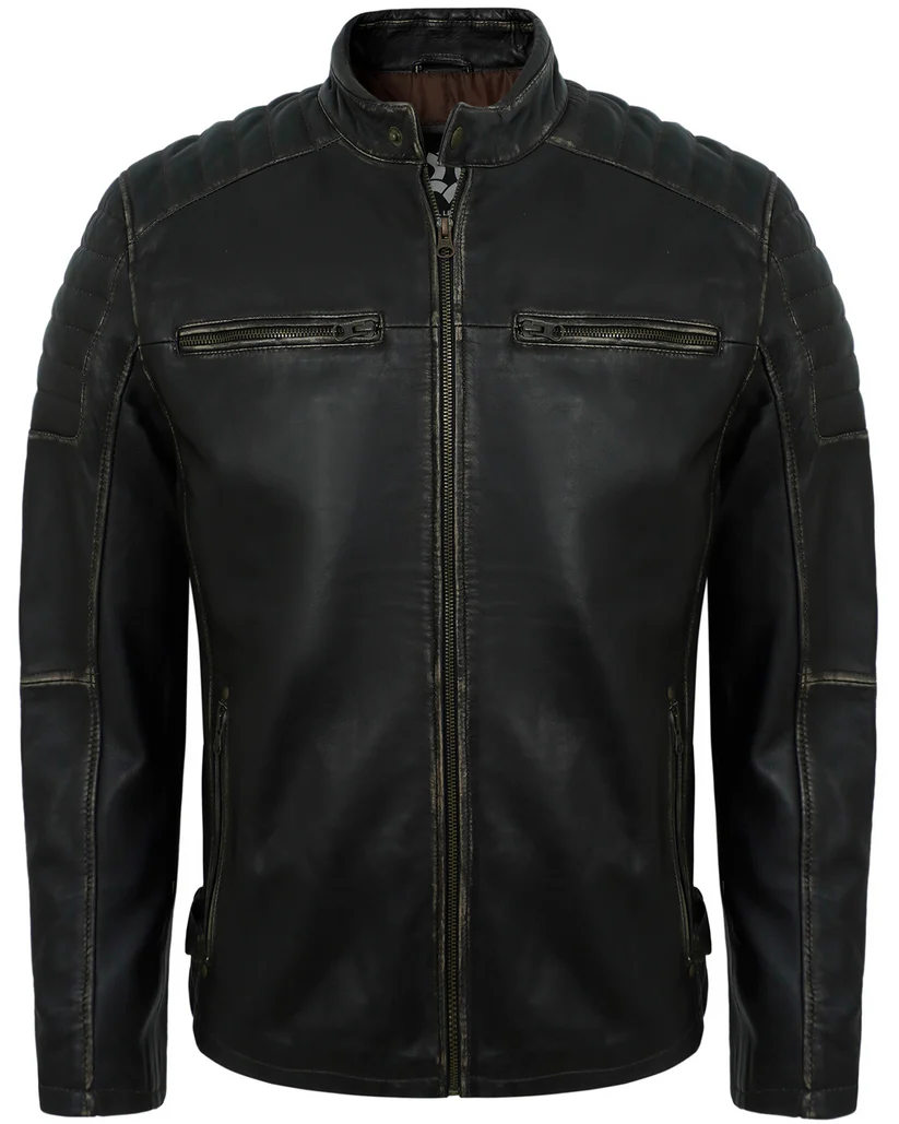 Men's Distressed Rub-Off Leather Biker Jacket with Quilted Shoulders