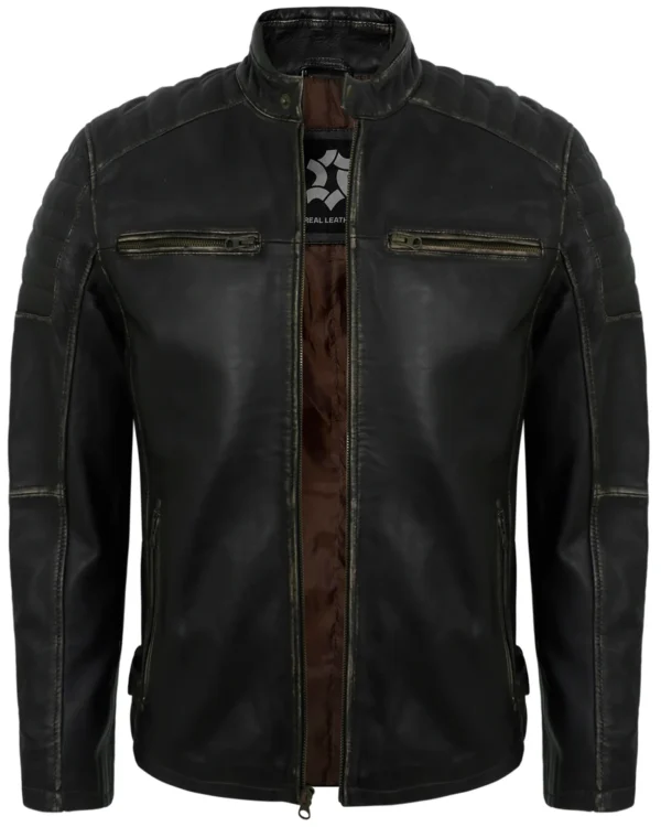 Men's Distressed Rub-Off Leather Biker Jacket with Quilted Shoulders
