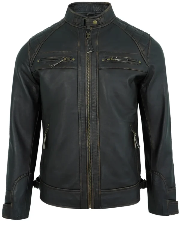 Men's Rub-Off Leather Biker Jacket with Quilted Shoulders