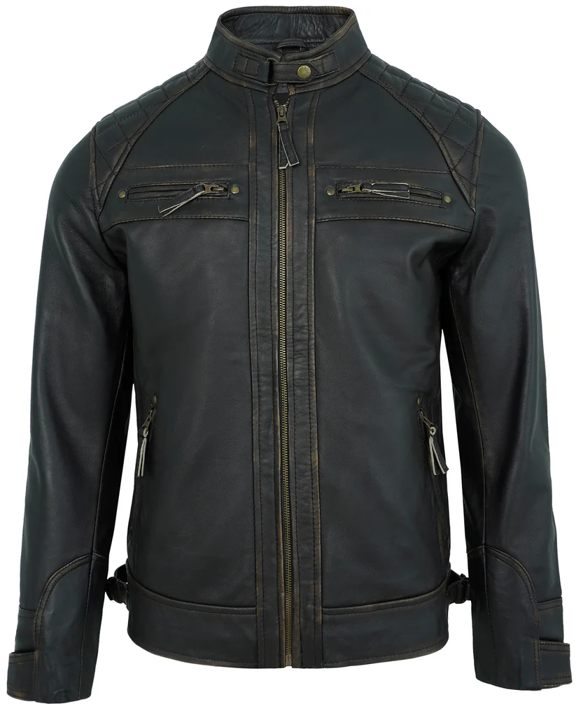 Men's Rub-Off Leather Biker Jacket with Quilted Shoulders