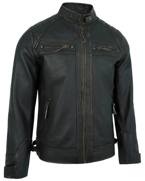 Men's Rub-Off Leather Biker Jacket with Quilted Shoulders