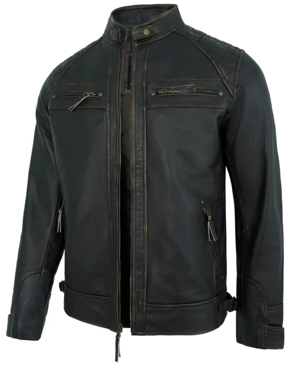 Men's Rub-Off Leather Biker Jacket with Quilted Shoulders