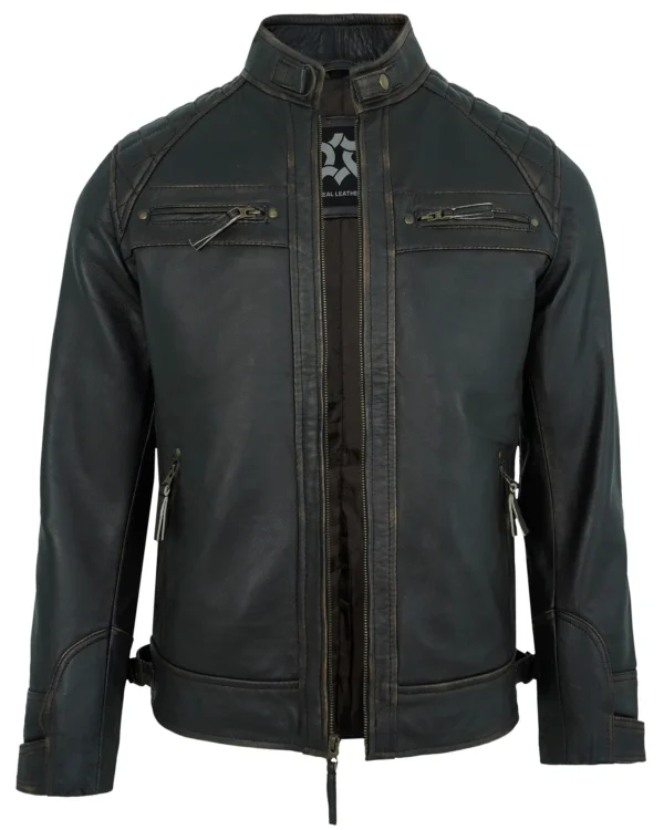 Men's Rub-Off Leather Biker Jacket with Quilted Shoulders