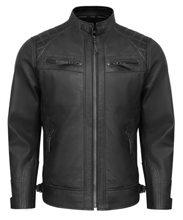 Men's Black Leather Biker Jacket with Quilted Shoulders.