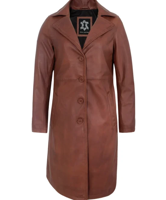 Women’s Brown Leather Car Coat – Genuine Lambskin Long Jacket