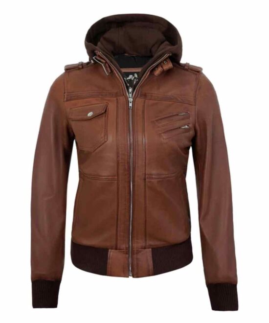 Hooded Leather Jacket for Women Brown Lambskin Cafe Racer with Hood