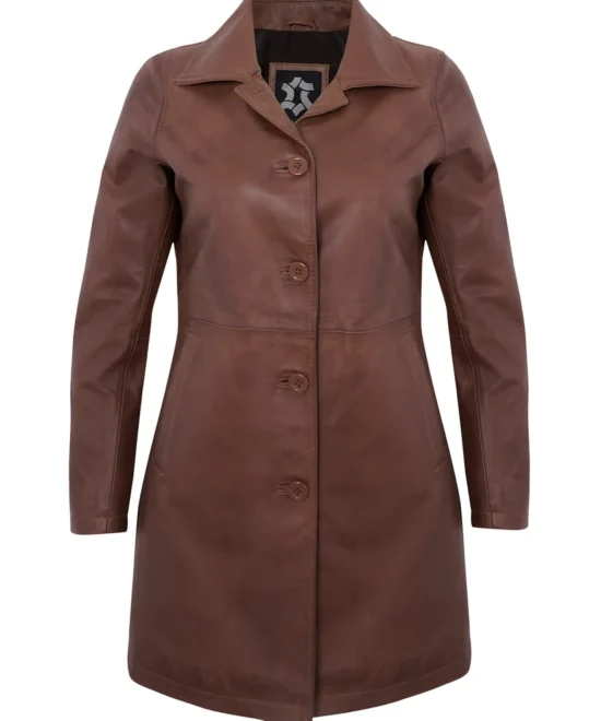 Women’s Brown Leather Coat – Genuine Lambskin Vintage Long Jacket