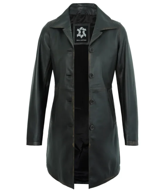 Women’s Long Leather Coat – Genuine Rub-Off Lambskin Vintage Jacket