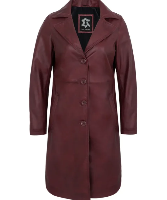 Women’s Maroon Leather Car Coat – Genuine Lambskin Long Jacket