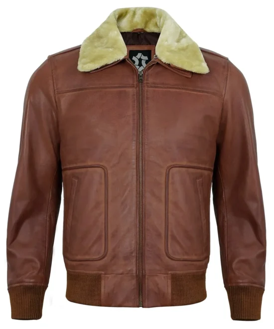 Men’s Brown Leather Shearling Bomber Jacket – Premium Real Lambskin