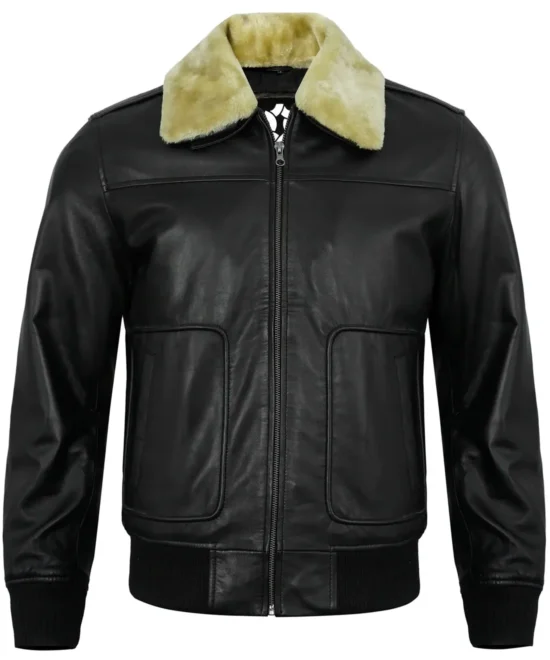 Men’s Black Shearling Leather Jacket – Real Lambskin Bomber Style