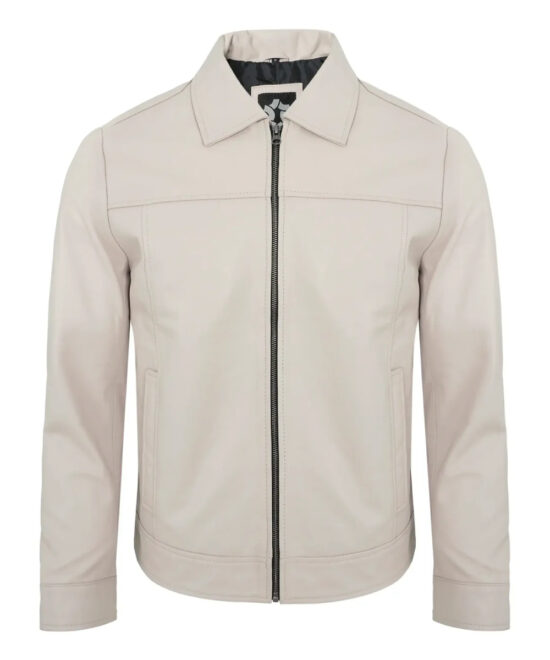 Real Lambskin Beige Motorcycle Jacket – Classic Turn-Down Collar for Men