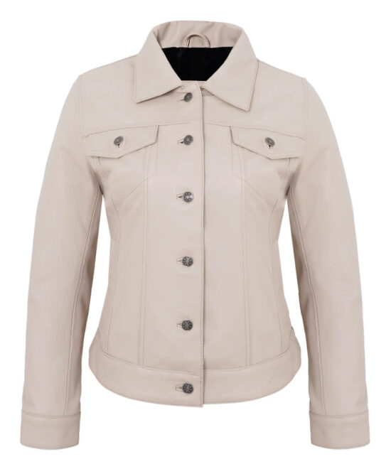 Real Lambskin Beige Trucker Jacket – Vintage Style for Women