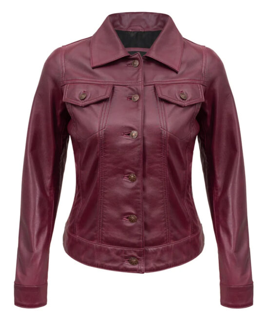 Real Lambskin Maroon Trucker Jacket – Vintage Style for Women
