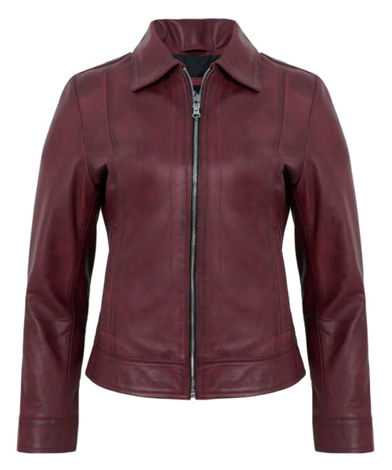 Womens Maroon Cafe Racer Down Collar Jacket
