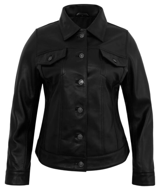 Vintage-Style Black Leather Trucker Jacket – Women's Genuine Lambskin