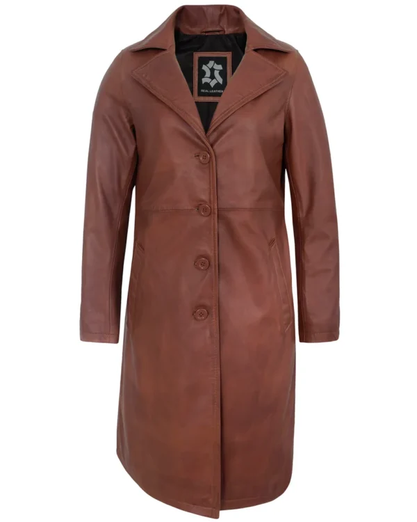 Women’s Brown Leather Car Coat – Genuine Lambskin Long Jacket
