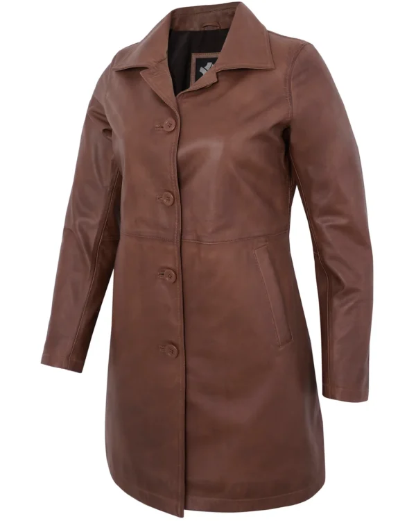 Women’s Brown Leather Coat – Genuine Lambskin Vintage Long Jacket