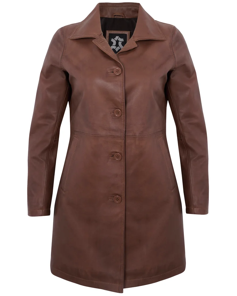 Women’s Brown Leather Coat – Genuine Lambskin Vintage Long Jacket