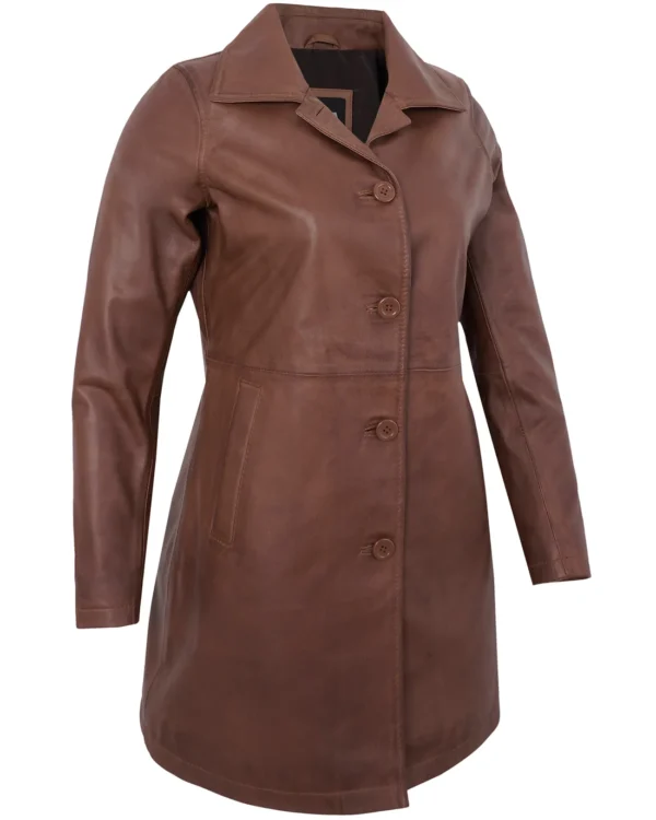 Women’s Brown Leather Coat – Genuine Lambskin Vintage Long Jacket