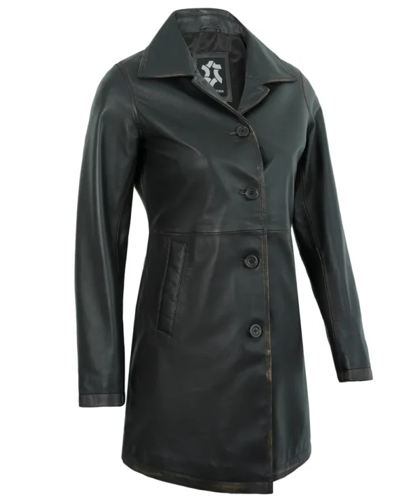 Women’s Long Leather Coat – Genuine Rub-Off Lambskin Vintage Jacket