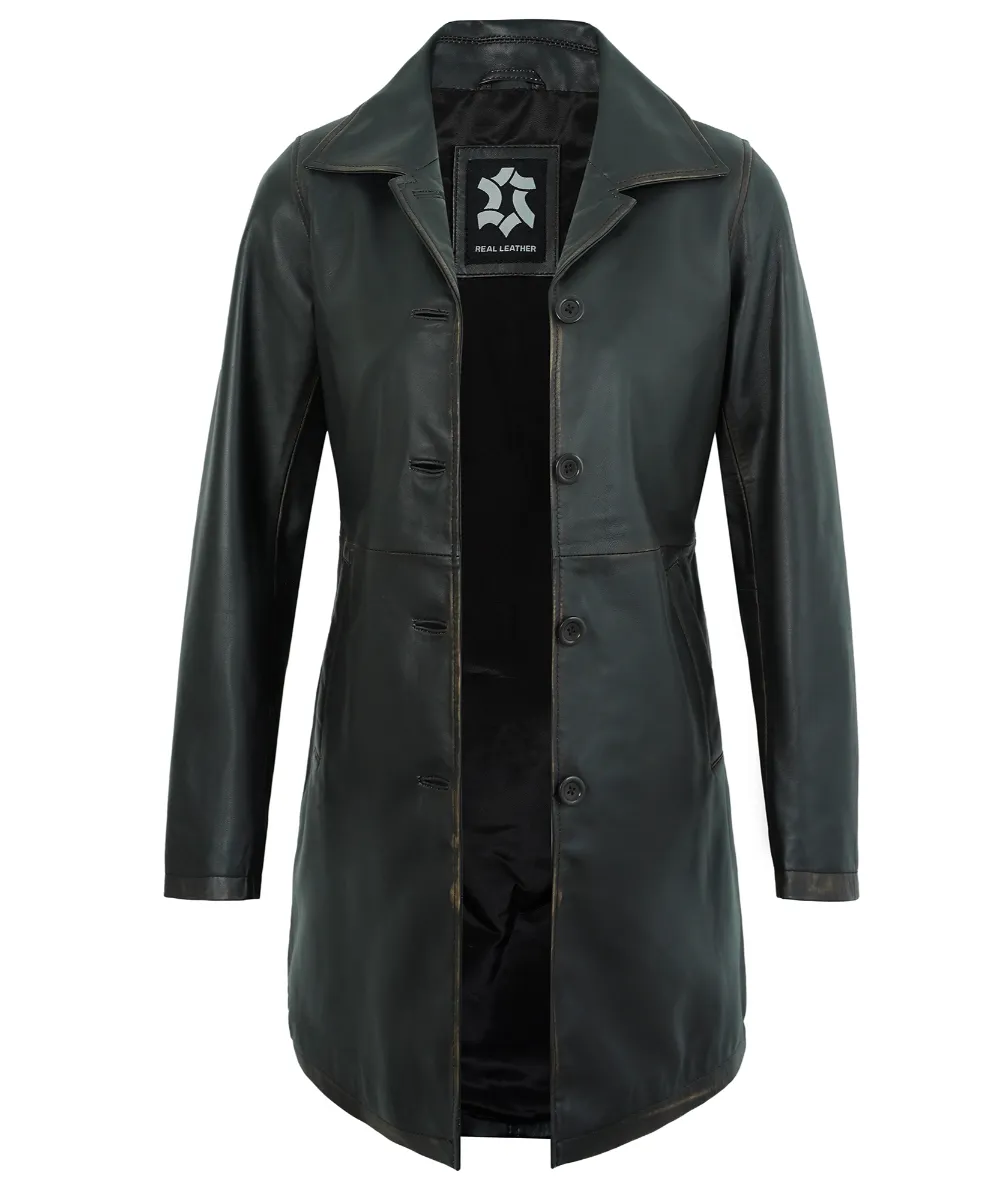 Women’s Long Leather Coat – Genuine Rub-Off Lambskin Vintage Jacket