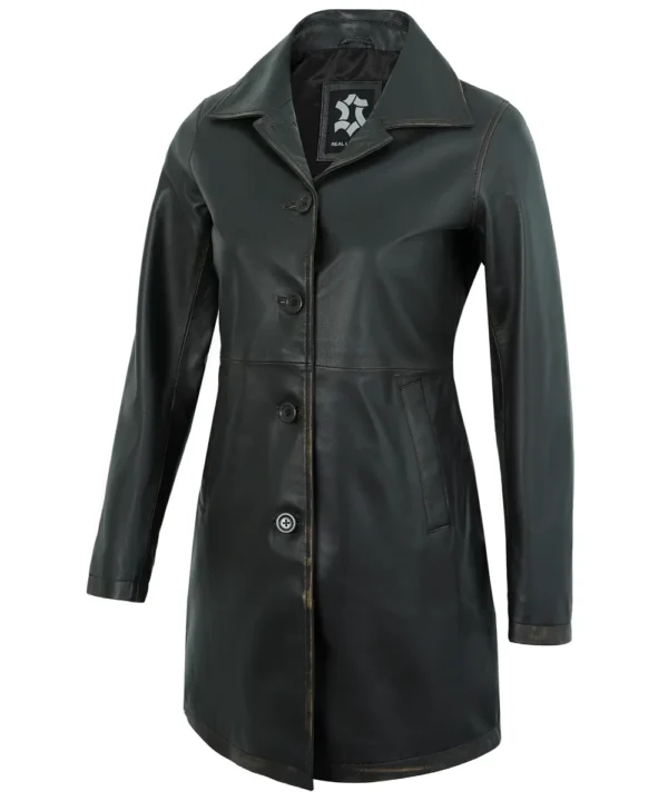 Women’s Long Leather Coat – Genuine Rub-Off Lambskin Vintage Jacket