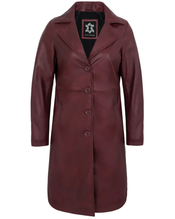 Women’s Maroon Leather Car Coat – Genuine Lambskin Long Jacket
