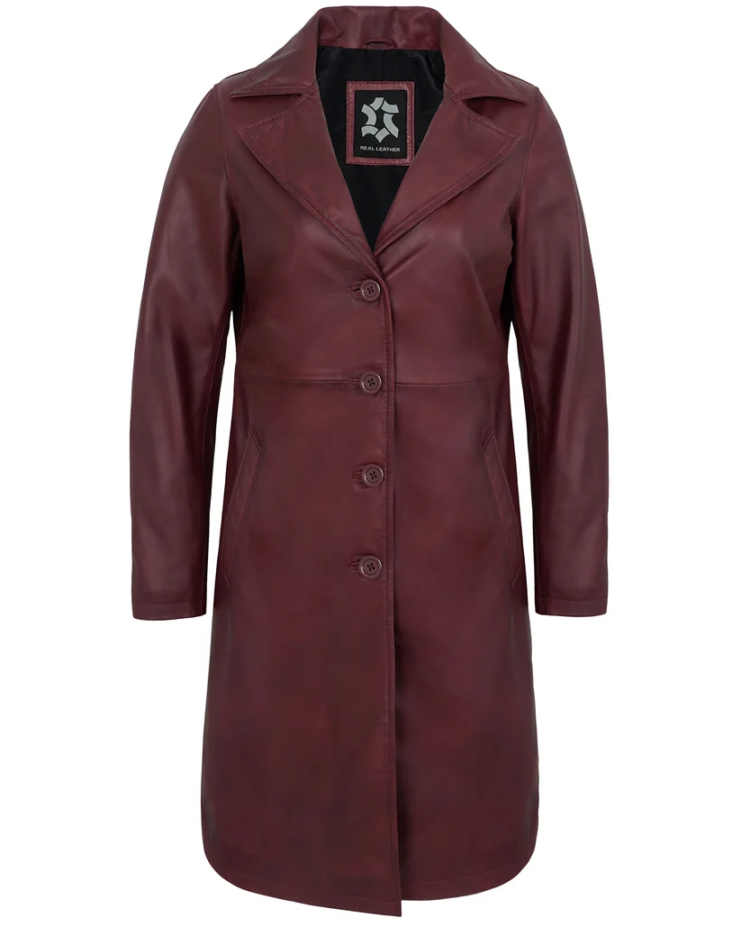 Women’s Maroon Leather Car Coat – Genuine Lambskin Long Jacket