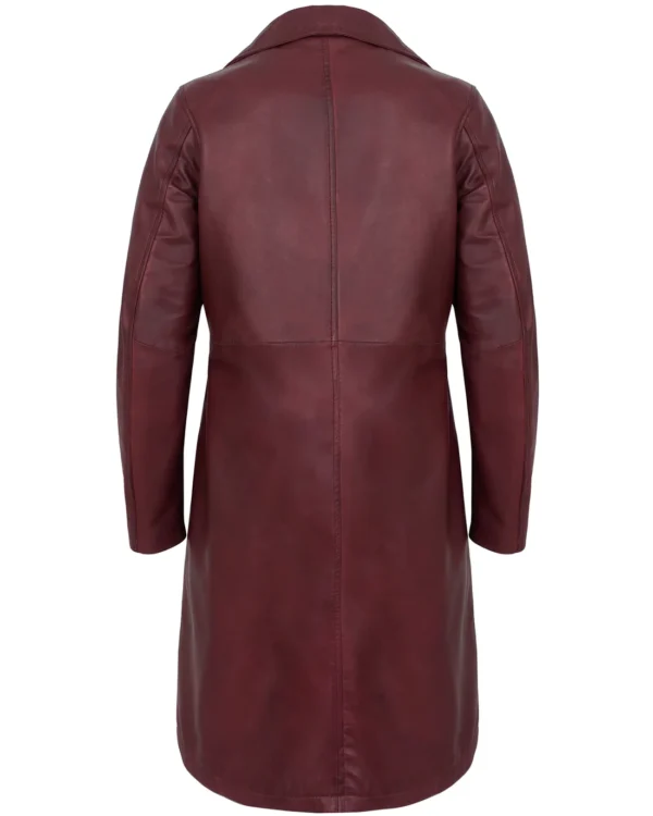 Women’s Maroon Leather Car Coat – Genuine Lambskin Long Jacket
